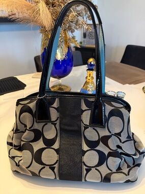 Coach Black and Gray Signature Canvas Shoulder Bag